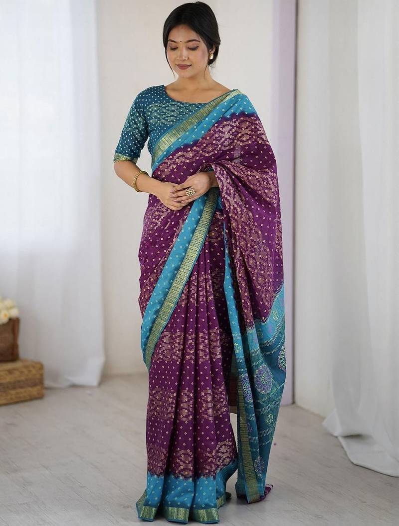 Purple bandhani zari pure cotton bandhani saree