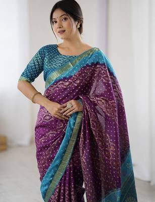 Purple bandhani zari pure cotton bandhani saree 2