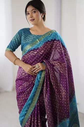 Purple bandhani zari pure cotton bandhani saree