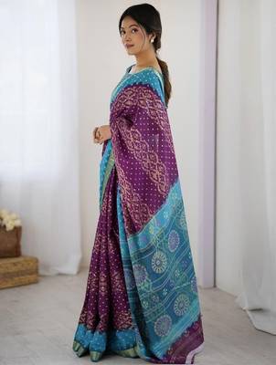 Purple bandhani zari pure cotton bandhani saree 4