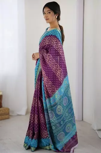 Purple bandhani zari pure cotton bandhani saree