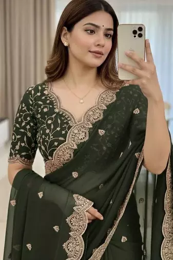 Green ethnic motifs embroidered poly georgette designer saree