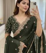 Green ethnic motifs embroidered poly georgette designer saree