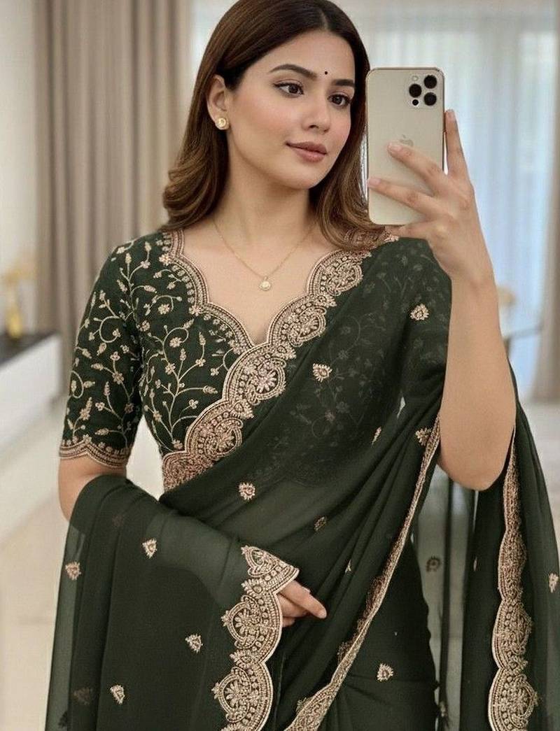 Green ethnic motifs embroidered poly georgette designer saree