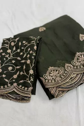 Green ethnic motifs embroidered poly georgette designer saree