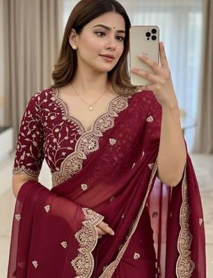 Maroon embellished embroidered poly georgette heavy work saree 1