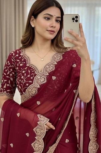 Maroon embellished embroidered poly georgette heavy work saree