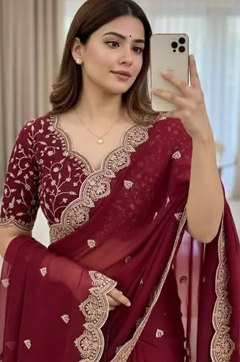 Maroon embellished embroidered poly georgette heavy work saree