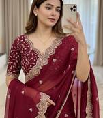 Maroon embellished embroidered poly georgette heavy work saree