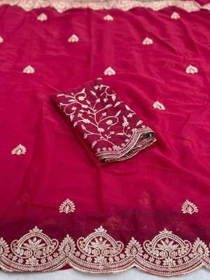Maroon embellished embroidered poly georgette heavy work saree 2