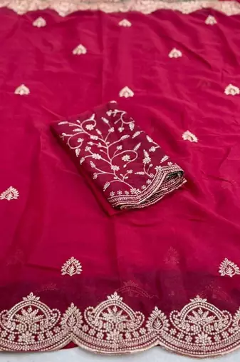 Maroon embellished embroidered poly georgette heavy work saree