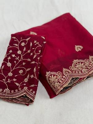 Maroon embellished embroidered poly georgette heavy work saree 3