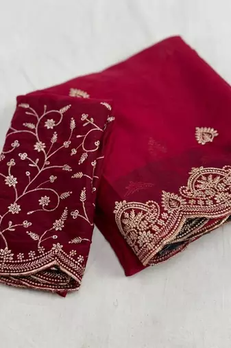 Maroon embellished embroidered poly georgette heavy work saree