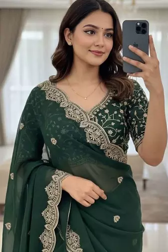 Green embellished embroidered poly georgette heavy work saree