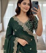 Green embellished embroidered poly georgette heavy work saree