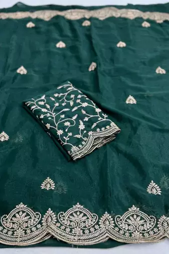 Green embellished embroidered poly georgette heavy work saree