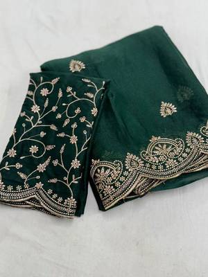 Green embellished embroidered poly georgette heavy work saree 3