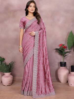 Pink embroidered silk blend heavy work saree 1