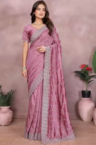 Pink embroidered silk blend heavy work saree