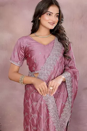 Pink embroidered silk blend heavy work saree