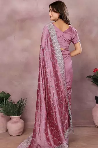 Pink embroidered silk blend heavy work saree