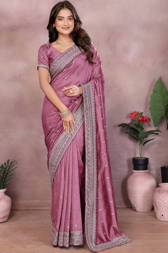 Purple embellished embroidered silk blend heavy work saree with matching blouse piece