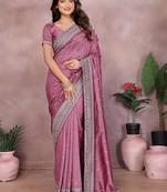 Purple embellished embroidered silk blend heavy work saree with matching blouse piece