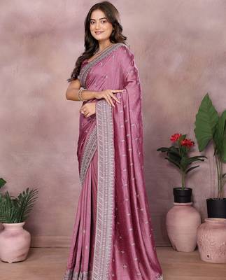 Purple embellished embroidered silk blend heavy work saree with matching blouse piece 3