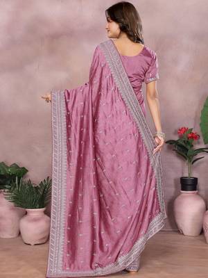 Purple embellished embroidered silk blend heavy work saree with matching blouse piece 4