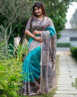 Teal silk blend tussar saree 1