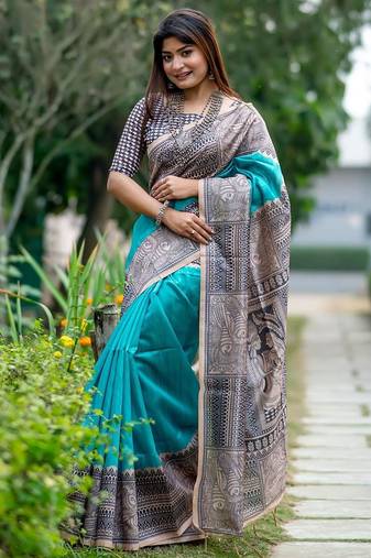 Teal silk blend tussar saree