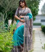 Teal silk blend tussar saree