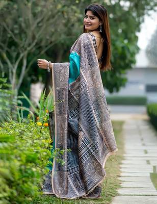 Teal silk blend tussar saree 2