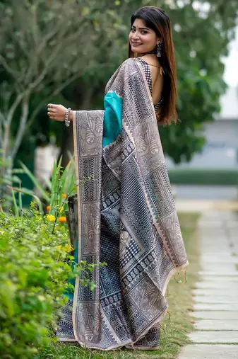 Teal silk blend tussar saree