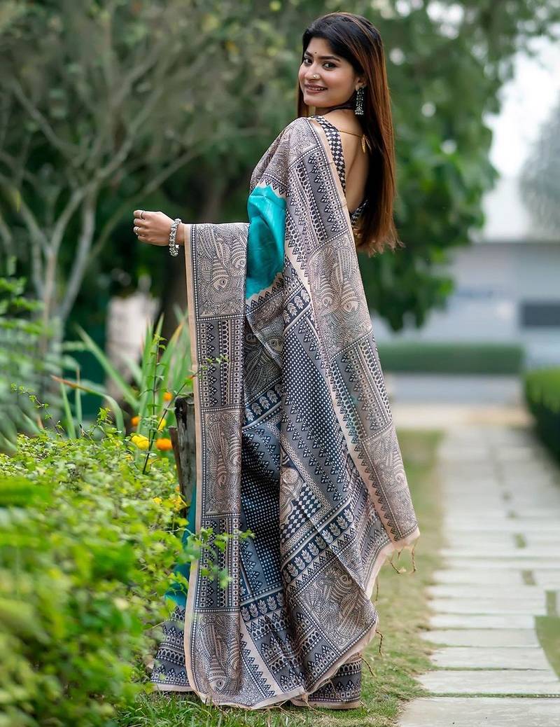 Teal silk blend tussar saree