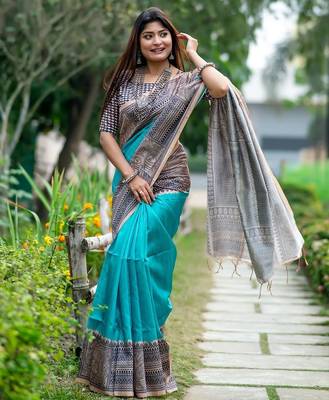 Teal silk blend tussar saree 3