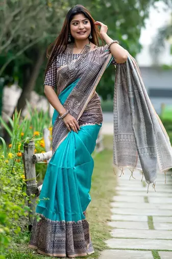 Teal silk blend tussar saree