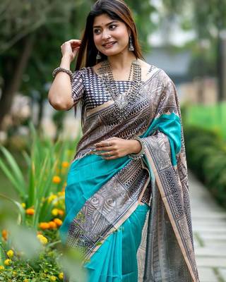 Teal silk blend tussar saree 4