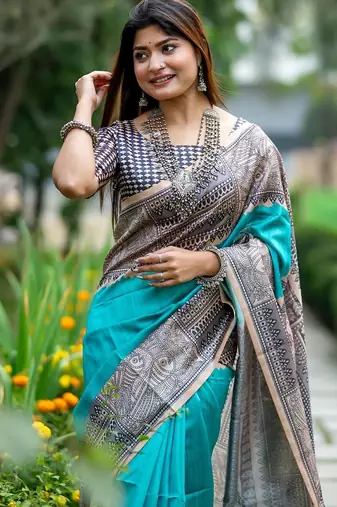 Teal silk blend tussar saree