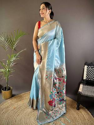 Blue soft silk paithani saree with unstitched blouse piece 1