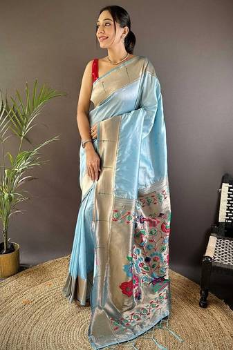 Blue soft silk paithani saree with unstitched blouse piece