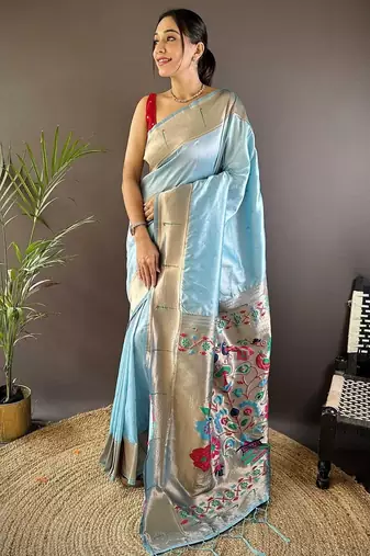 Blue soft silk paithani saree with unstitched blouse piece