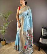 Blue soft silk paithani saree with unstitched blouse piece
