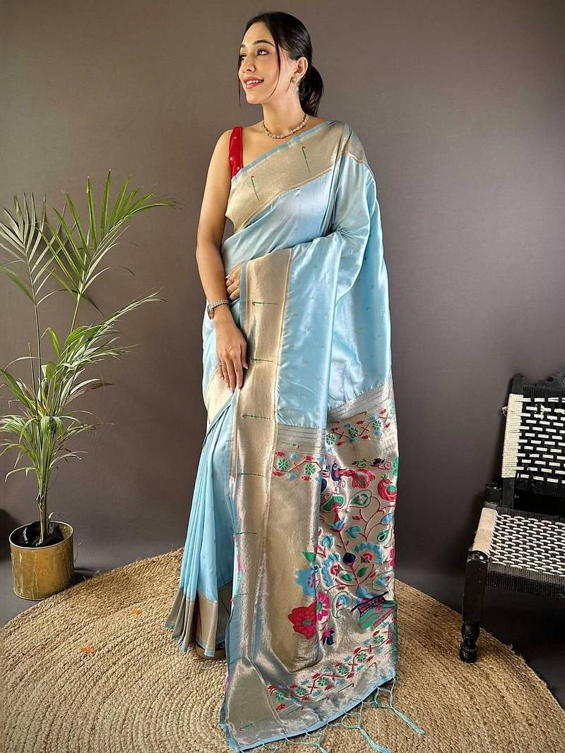 Blue soft silk paithani saree with unstitched blouse piece