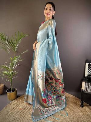 Blue soft silk paithani saree with unstitched blouse piece 2