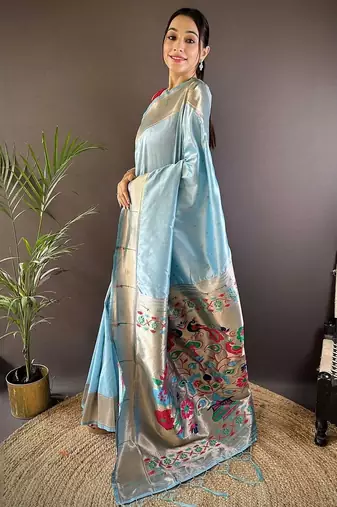 Blue soft silk paithani saree with unstitched blouse piece