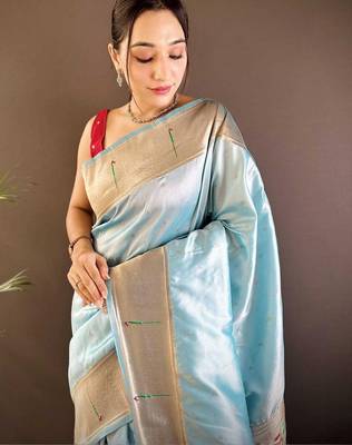 Blue soft silk paithani saree with unstitched blouse piece 3