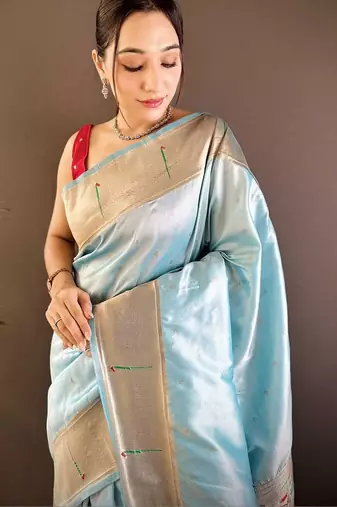 Blue soft silk paithani saree with unstitched blouse piece