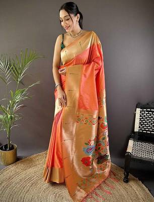 Peach soft silk paithani saree with unstitched blouse piece 1