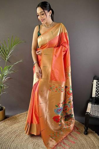 Peach soft silk paithani saree with unstitched blouse piece